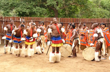 Photo for MANZINI, SWAZILAND - NOVEMBER 25 : unidentified young men and women wearing traditional clothing during presentation of Swazi show on November 25, 2010 in Manzini, Swaziland - Royalty Free Image