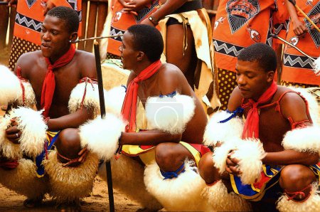 Téléchargez les photos : MANZINI, SWAZILAND - 25 NOVEMBRE : jeunes hommes non identifiés portant des vêtements traditionnels lors de la présentation du spectacle swazi le 25 novembre 2010 à Manzini, Swaziland - en image libre de droit