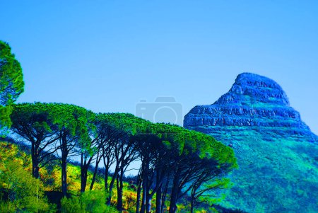 Photo for Illustration of Table Mountain (Afrikaans: Tafelberg) is a flat-topped mountain forming a prominent landmark overlooking the city of Cape Town in South Africa - Royalty Free Image