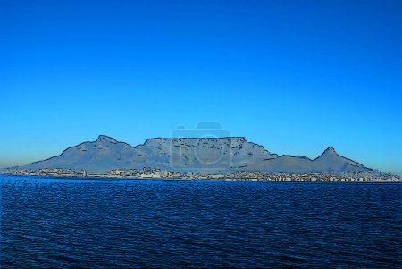 Table Mountain (Khoekhoe, mountain rising from the sea; Afrikaans: Tafelberg) is a flat-topped mountain forming a prominent landmark overlooking the city of Cape Town in South Africa pop art sign