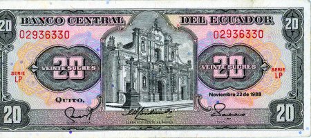 Téléchargez les photos : ÉQUATEUR - CIRCA 1988 : Banque centrale d'Équateur 20 Vingt Succès. Façade de l'église de la Compania de Jesus, Quito. - en image libre de droit