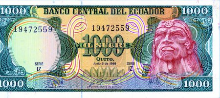 Photo for ECUADOR - CIRCA 1988: 1000 Banco Central Del Ecuador Mil Sucres. Portrait of Ruminahui on the right - Royalty Free Image