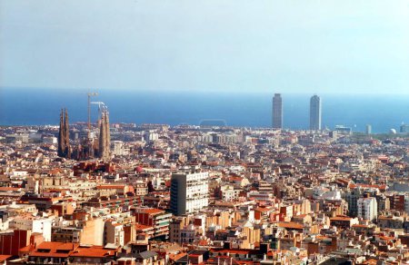Photo for BARCELONA SPAIN 10 07 2000: Bird's eye view of Barcelona, Barcelona is a popular destination of the Mediterranean Sea, and each year attracts millions of tourists from around the world - Royalty Free Image
