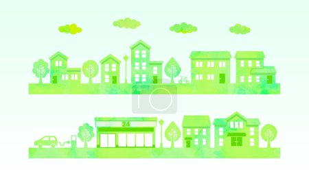 Illustration for Watercolor townscape silhouette. cute illustration for background (green) - Royalty Free Image