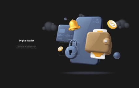 Illustration for Mobile Financial Security concept. 3d illustration of security lock icon on phone with brown wallet. Concept illustration of mobile money protection. Reaistic 3d style - Royalty Free Image