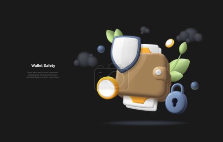 Illustration for Wallet Security concept. 3d illustration of security shield icon on brown wallet. Concept illustration of safety money protection. Realistic 3d style - Royalty Free Image