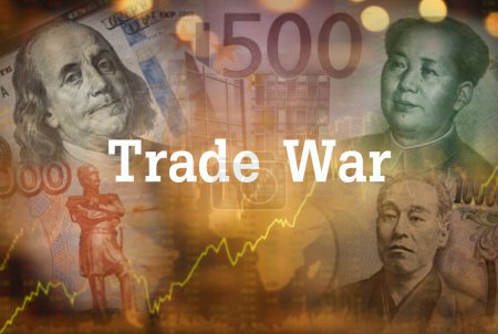 Téléchargez les photos : Guerre commerciale concept international. dollar yuan yen euro rouble monnaie avec trading bourse. - en image libre de droit
