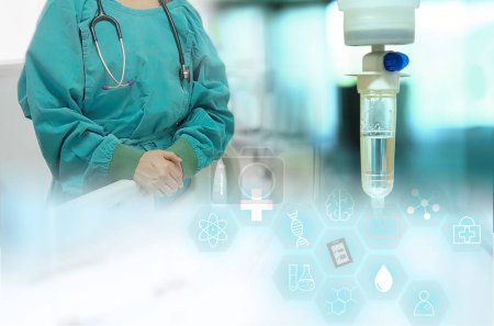 Photo for Surgery doctor and saline drip solution with medical icons in science hexagon at operating room background. - Royalty Free Image