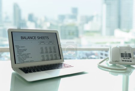 Accounting business concept. Balance sheet and business earning report showing on laptop computer screen.