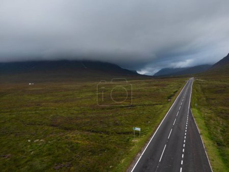 Aerial view of the A82 road passing through Glen Etive in Glencoe, Scottish Highlands