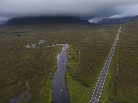 Aerial view of the A82 road and the River Etive as it passes through Glen Etive, Glencoe. Ballachullish, Scottish Highlands