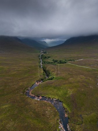 Aerial view of the River Etive as it passes through Glen Etive and Glencoe in the Scottish highlands