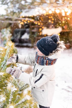 Foto de Un niño con ropa y guantes de invierno cuelga una linterna en un pino en su patio - Imagen libre de derechos