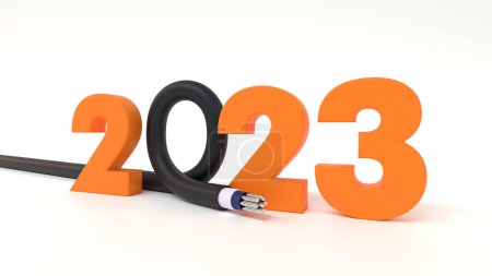 Téléchargez les photos : Nouvel an 2023 conception de la typographie avec fil optique. Concept d'électricité et d'électronique. Rendu 3d - en image libre de droit