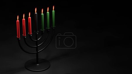 Kwanzaa Festival de unidad y unión. Siete velas en el candelabro Menorah. Celebraciones navideñas negras. banner de ilustración 3d sobre fondo negro.