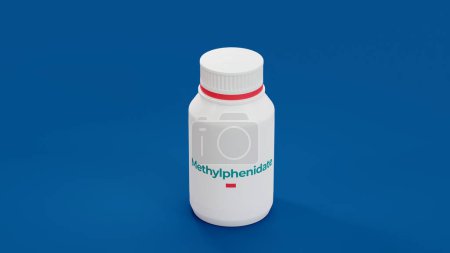 Téléchargez les photos : Methylphenidate pharmaceutical drug bottle on blue background. Central Nervous System stimulant. ADHD and narcolepsy treatment. 3d rendering - en image libre de droit
