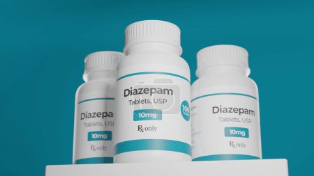 Foto de Tabletas de diazepam en el frasco de procesamiento 3D. Retirada de alcohol y drogas para reducir la ansiedad. - Imagen libre de derechos