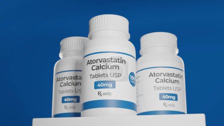 Atorvastatin Calcium tablets in bottles on blue background Treats high cholesterol. Lowers stroke, heart attack risk. 3d Rendering on blue background.