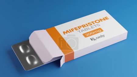 Mifepristone tablets in box. RU-486 Medical abortion pills. Used in combination with misoprostol 3D rendering.