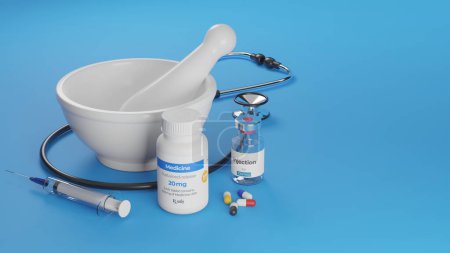 Photo for Concept of hospital dispensary or medicinal drug preparation. Mortar and pestle on blue plain background. 3d rendering. - Royalty Free Image