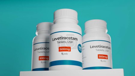 Téléchargez les photos : Levetiracetam 500 mg en flacons sur piédestal. médicament de traitement de l'épilepsie. Rendu 3d - en image libre de droit