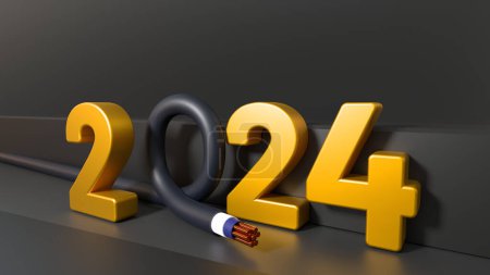 Foto de Banner de Año Nuevo 2024. Telecomunicaciones, concepto de ingeniería eléctrica. Con alambre de cobre y texto sobre fondo oscuro. - Imagen libre de derechos
