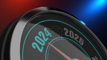 Neues Jahr 2024 auf modernem Automobil-Messgerät. 3D-Illustration für den Neuanfang.