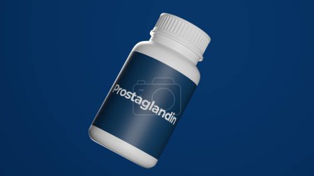 Foto de Prostagladina clase drogas aislada en botella sobre fondo azul. Se utiliza para el tratamiento del glaucoma, la evacuación del contenido uterino y la inducción del parto. renderizado 3d. - Imagen libre de derechos