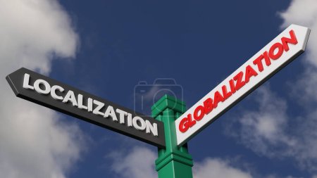 Foto de 3d ilustración de dos flechas de dirección que apuntan en direcciones opuestas. Ilustrando el concepto de localización de negocios vs globalización. - Imagen libre de derechos