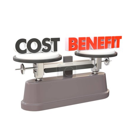 Balanza escala con palabras costo y beneficio. Toma de decisiones por concepto de análisis coste-beneficio. Ponderación de compensaciones para las finanzas y la inversión. Equilibrio entre riesgo y recompensa.