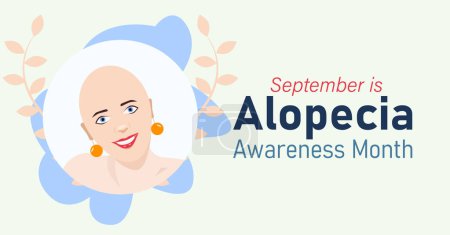 Illustration for September is Alopecia Awareness Month banner. Alopecia Areata an autoimmune hairloss condition. Vector poster for social media and web. - Royalty Free Image