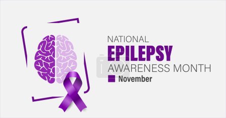 Illustration for National epilepsy awareness month campaign observed in November banner. Features violet ribbon and brain illustration on plain background. - Royalty Free Image