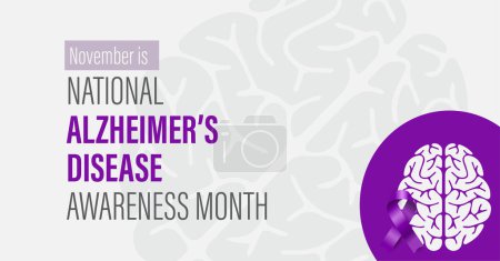 Illustration for National Alzheimer's Disease Awareness Month campaign banner. Observed in November. Features purple ribbon and brain illustration. - Royalty Free Image