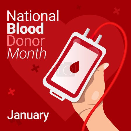 Illustration for National blood donor month poster. Hand holding a blood pouch with a heart in the background. - Royalty Free Image