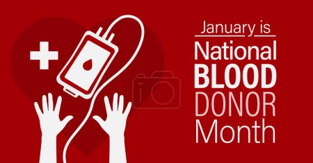 Illustration for National blood donor month poster. Hand holding a blood pouch with a heart in the background. - Royalty Free Image