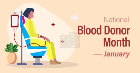 Illustration for National blood donor month poster. Man sitting in chair donating blood. Vector illustration. - Royalty Free Image