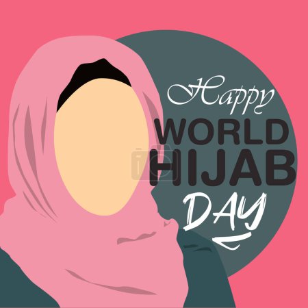 Día Mundial del Hiyab Banner de saludos. Hiyab rosa musulmana mujeres headcover Oberved en el Febuary, 1.