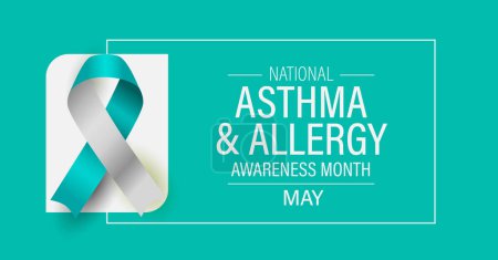 Asthma & allergy awareness month campaign banner. Advocacy and education poster. Featuring turquoise ribbon and text.