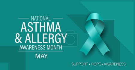 Asthma and allergy awareness month campaign banner. Advocacy and education poster. Featuring turquoise ribbon and text.