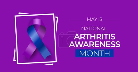 Illustration for National arthritis awareeness month National arthritis awareeness month campaign banner. Observed in May. Featuring purple and blue ribbon.campaign banner. Observed in May. - Royalty Free Image