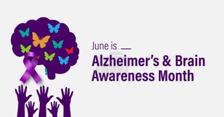 Téléchargez les illustrations : Ruban de sensibilisation violet, papillons et mains levées symbolisant le Mois de la sensibilisation à la maladie d'Alzheimer et au cerveau observé en juin. - en licence libre de droit
