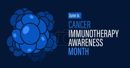 June is Cancer Immunotherapy Awareness Month. Observed each year in June. Features cluster of tumor cells graphic element on dark navy blue background.