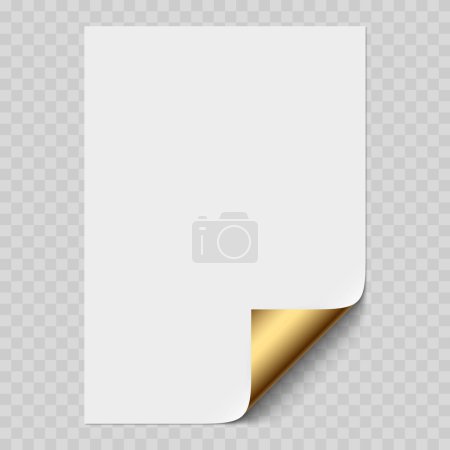 Illustration for Vector white realistic paper page mockup with golden corner curled. Paper sheet folded with soft transparent shadows on light background. A4 page mock up. 3d illustration. Template for your design. - Royalty Free Image