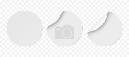 Illustration for Vector white realistic circle paper stickers with white corner isolated on transparent background. Set of price tags curved with soft shadows. 3D illustration for your design. - Royalty Free Image