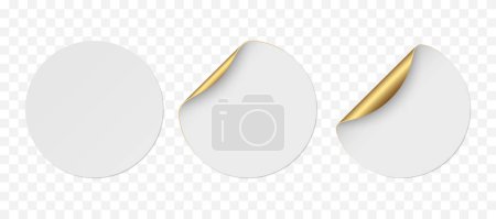 Illustration for Vector white realistic circle paper stickers with golden corner isolated on transparent background. Set of price tags curved with soft shadows. 3D illustration for your design. - Royalty Free Image