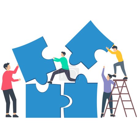 Illustration for Work together, teamwork or collaboration to solve problems, team doing work for success together, partnership concept, business team colleagues connecting jigsaw pieces together. - Royalty Free Image