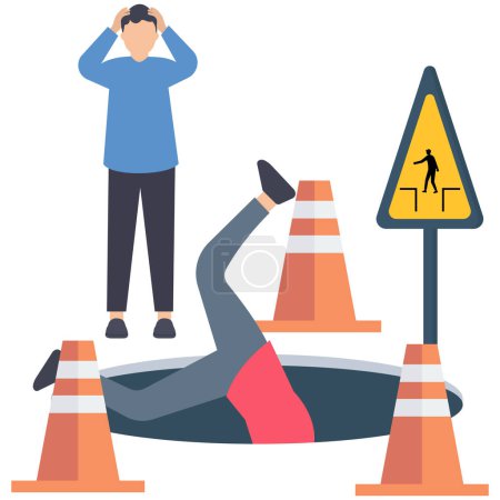 Business failure while taking risk, Failure or mistake causing catastrophe, problem or risk from crisis or recession, danger accident or business accident, business trouble, worried man fall down into the road hole