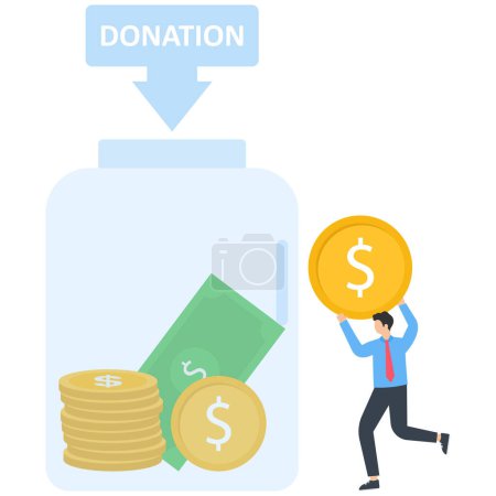 Illustration for Characters donating money illustration set. Volunteers putting coins in donation box and donating credit card - Royalty Free Image