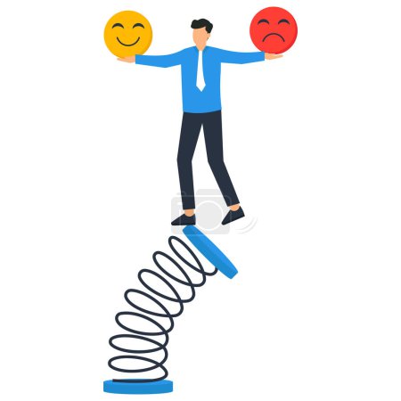 Illustration for Controlling emotions from fluctuations from external factors Businessman balancing on an unstable sling - Royalty Free Image