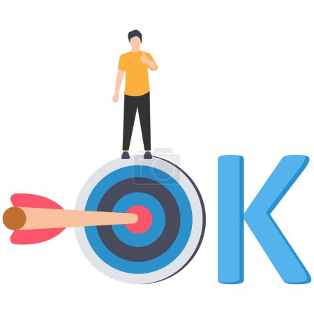 Illustration for Result, OK, objective and key result framework to measure success and improvement, goal setting or define measurable target for business concept, businessman holding winning flag on target with the work OKR. - Royalty Free Image